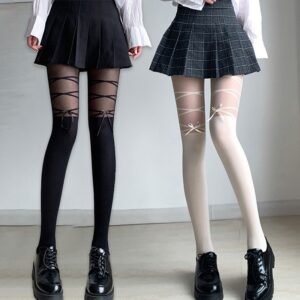 ถุงน่องแฟชั่นสตรี ถุงน่องเจเคญี่ปุ่น สีทึบ ตกแต่งโบว์ สไตล์วิทยาลัย 2/ชิ้น คละสี