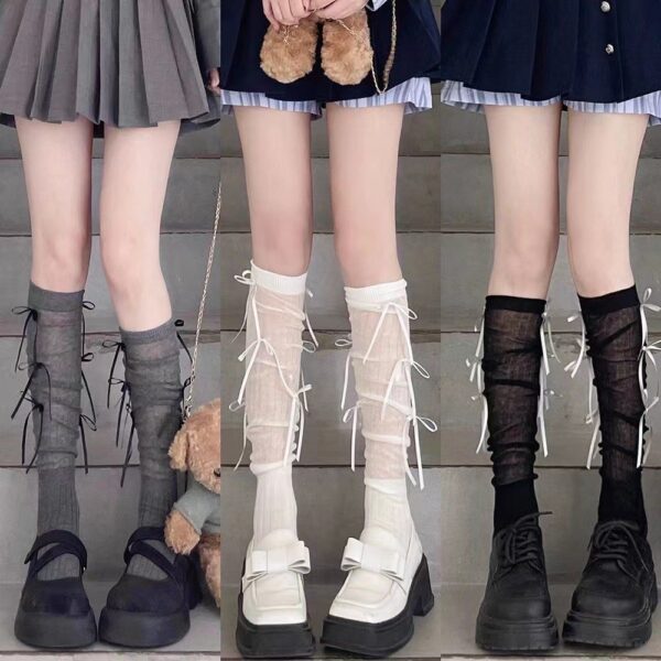 ถุงน่อง ถุงเท้ายาวถึงเข่าเจเค ตกแต่งโบว์ บางและเบา สไตล์โลลิต้า คละสี ยกแพ็ค 300/ชิ้น